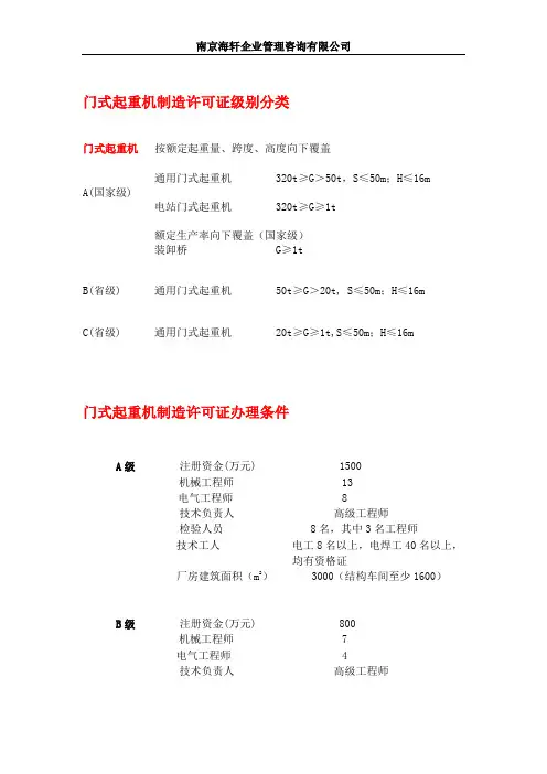 门式起重机制造许可证级别分类及办理条件
