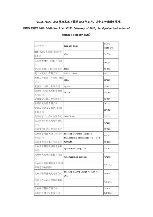 CHINA PRINT 2013北京国际印刷展参展商名单