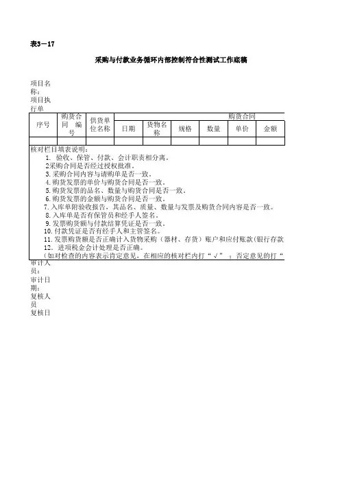 采购与付款业务循环内部控制符合性测试工作底稿