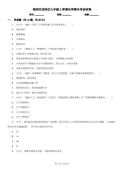 深圳市龙岗区九年级上学期化学期末考试试卷