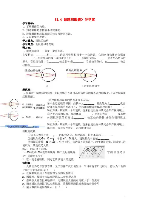 山东省肥城市王庄镇初级中学八年级物理上册《5.4 眼睛和眼镜》导学案(无答案) 新人教版