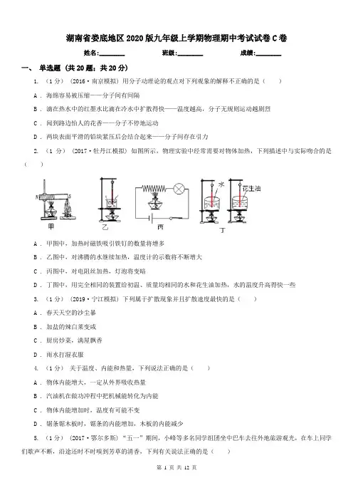 湖南省娄底地区2020版九年级上学期物理期中考试试卷C卷