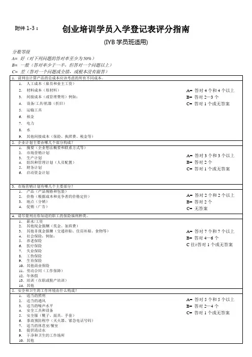 创业培训学员入学登记表评分指南表(IYB学员班适用)