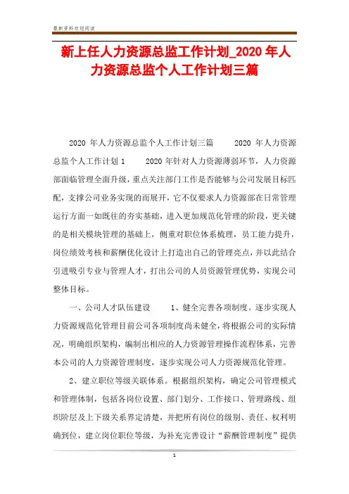 新上任人力资源总监工作计划_2020年人力资源总监个人工作计划三篇