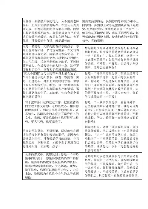 小学期末评语表格式