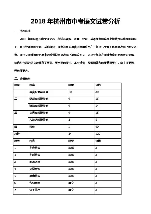 杭州市中考语文试卷分析