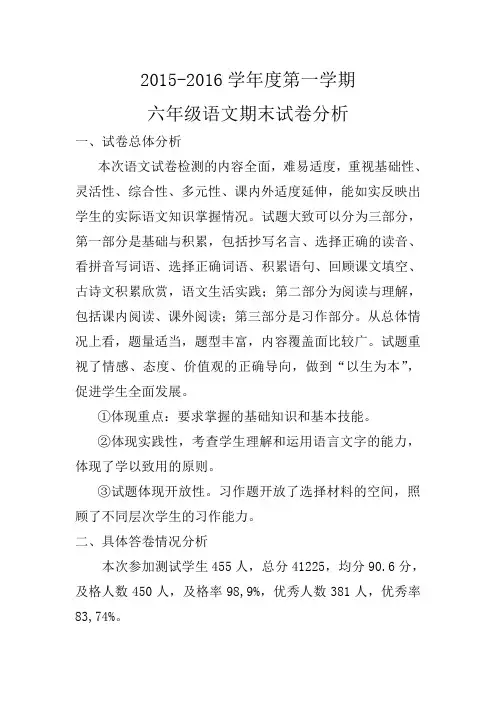 2015-2016学年第一学期六年级语文期末试卷分析