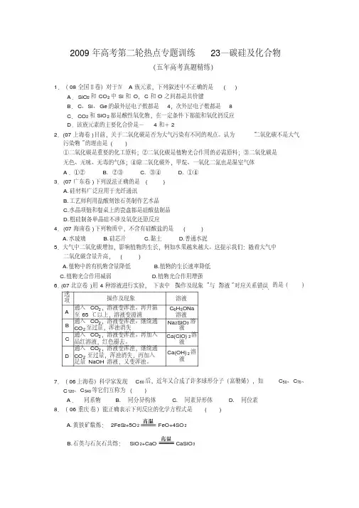 高考化学第二轮热点专题训练23——碳硅及化合物(五年高考真题精练)