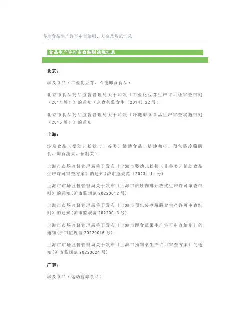 各地食品生产许可审查细则、方案及规范汇总
