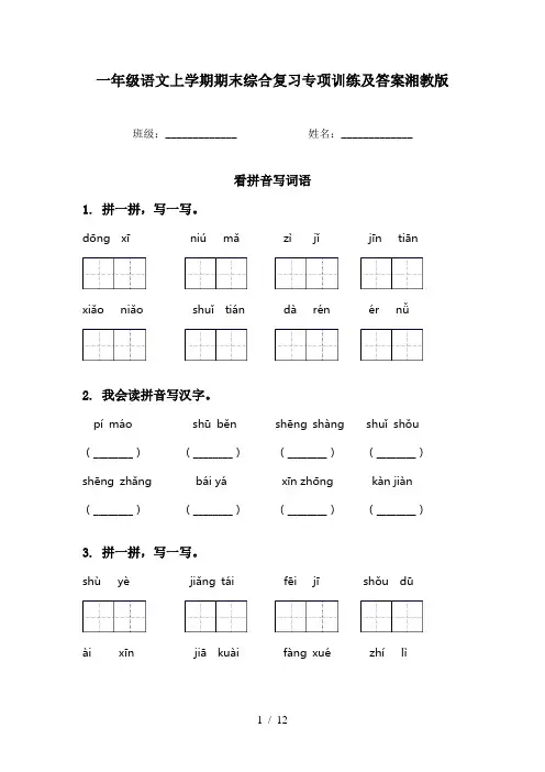 一年级语文上学期期末综合复习专项训练及答案湘教版