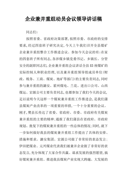 企业兼并重组动员会议领导讲话稿