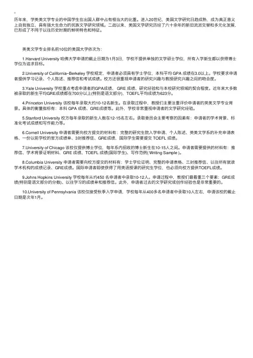 英美文学专业10的美国大学