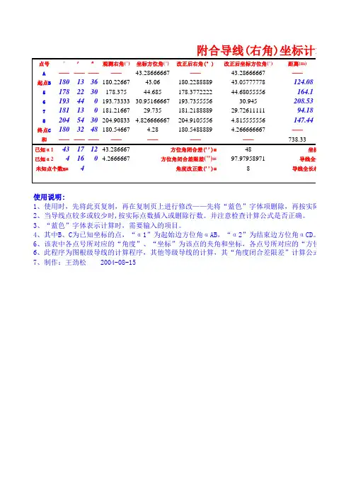导线附合右角闭合差计算表