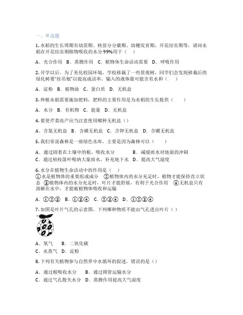 人教版生物 七年级上册 第三章 绿色植物与生物圈的水循环 课后练习题