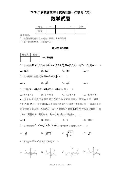 2020年安徽省江淮十校高三第一次联考(文)数学试题及答案解析