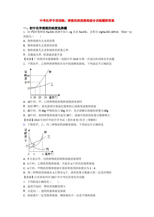 中考化学专项训练：溶液的浓度提高综合训练题附答案