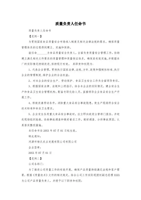 质量负责人任命书