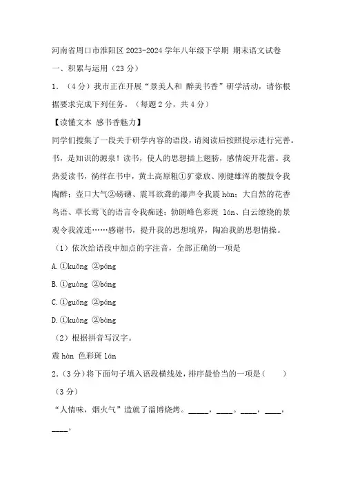 河南省周口市淮阳区2023-2024学年八年级下学期 期末语文试卷(含答案)