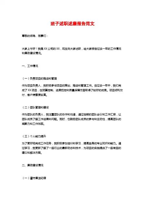 班子述职述廉报告范文