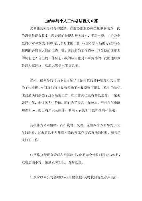 2020年出纳年终个人工作总结范文6篇