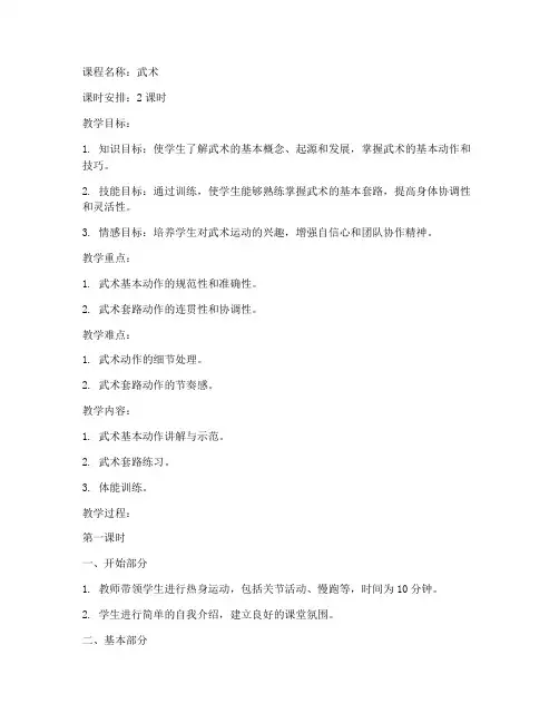大学体育武术训练教案模板