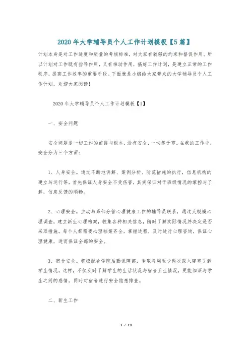 2020年大学辅导员个人工作计划模板【5篇】
