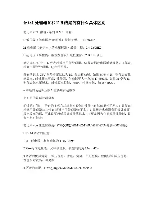 intel处理器M和U H结尾的有什么具体区别