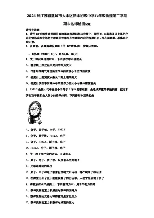2024届江苏省盐城市大丰区新丰初级中学八年级物理第二学期期末达标检测试题含解析