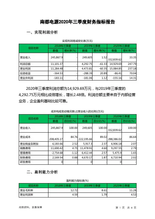 南都电源2020年三季度财务指标报告
