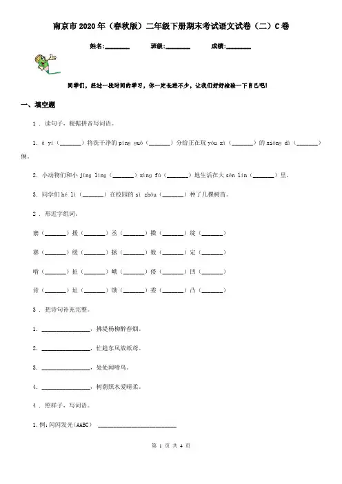 南京市2020年(春秋版)二年级下册期末考试语文试卷(二)C卷