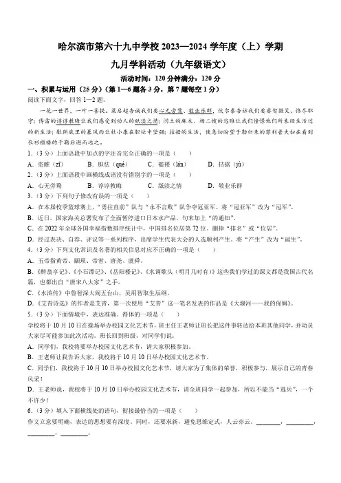 黑龙江省哈尔滨市第六十九中学校2023-2024学年九年级10月月考语文试题(含答案)