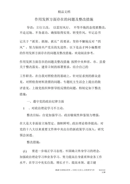 作用发挥方面存在的问题及整改措施