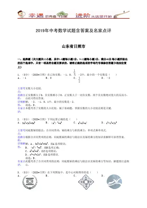 2019年中考数学试题含答案及名家点评：日照市