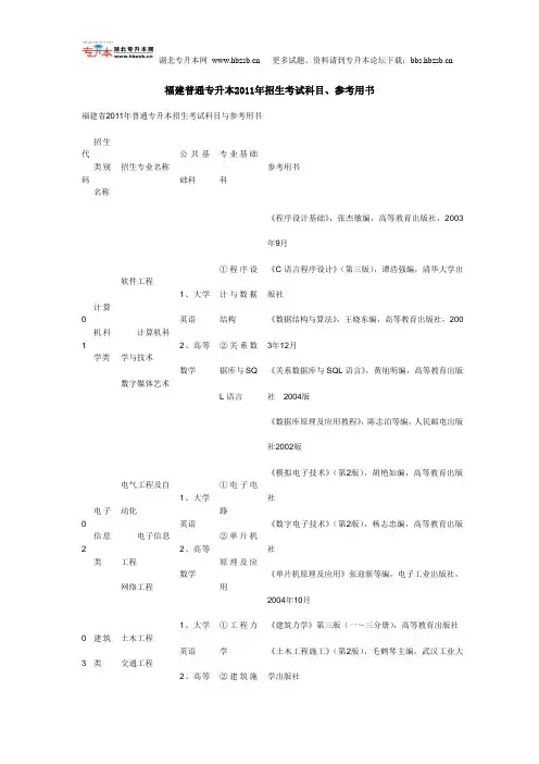 福建普通专升本2011年招生考试科目
