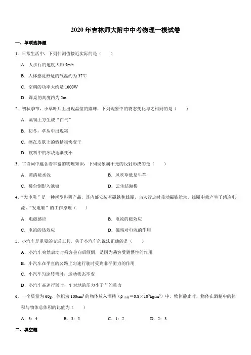 2020年吉林师大附中中考物理一模试卷