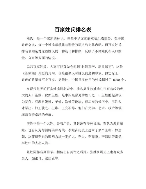 百家姓氏排名表