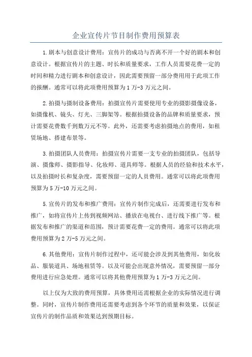 企业宣传片节目制作费用预算表