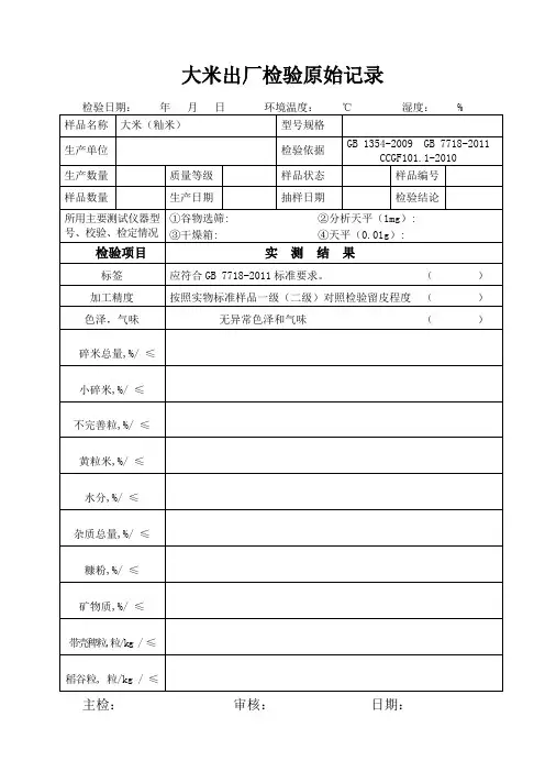 大米出厂检验原始记录