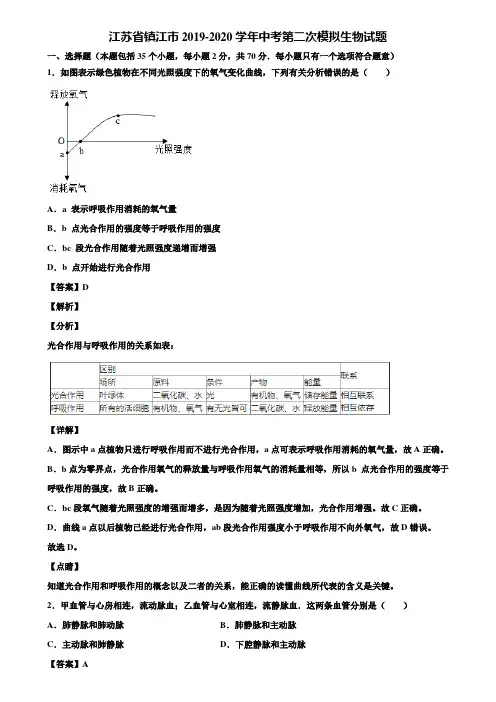 江苏省镇江市2019-2020学年中考第二次模拟生物试题含解析