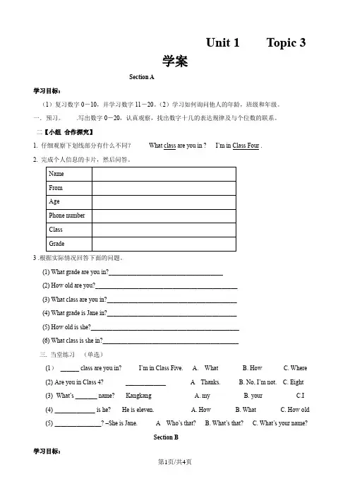 仁爱版七年级上册英语导学案：Unit 1 Topic 3