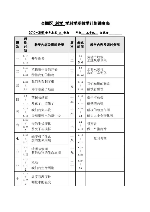 三年级下册科学教学计划进度表教案