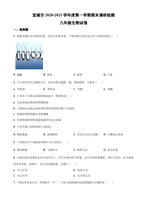 精品解析：安徽省宣城市2020-2021学年八年级上学期期末生物试题(原卷版)