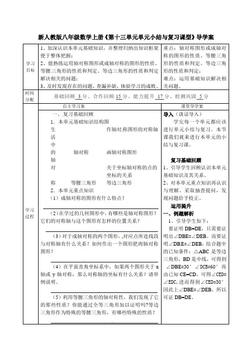 新人教版八年级数学上册《第十三单元 单元小结与复习课型》导学案(无答案)