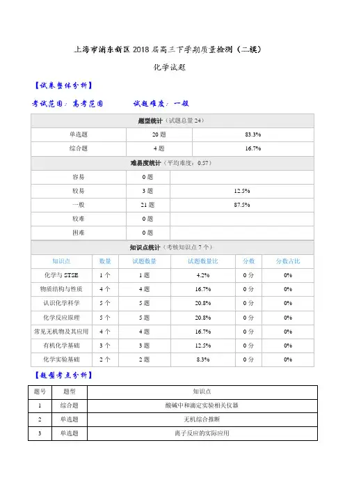 【全国大联考】【上海】上海市浦东新区2018届高三下学期质量检测(二模)化学试题(解析版)