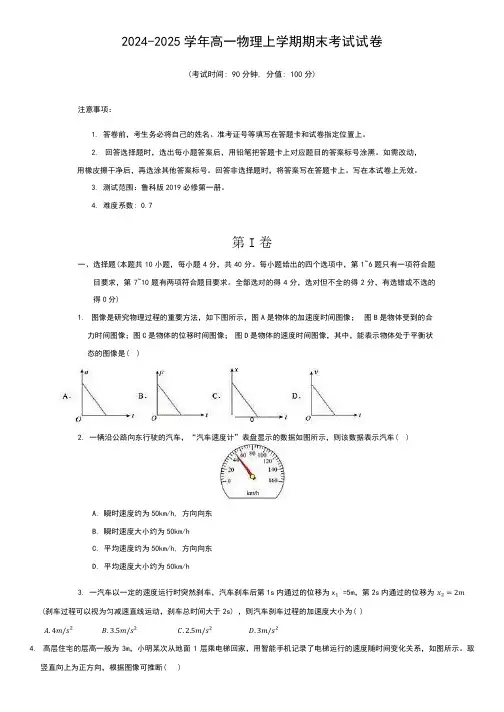 2024-2025学年高一物理上学期期末考试试卷解析版