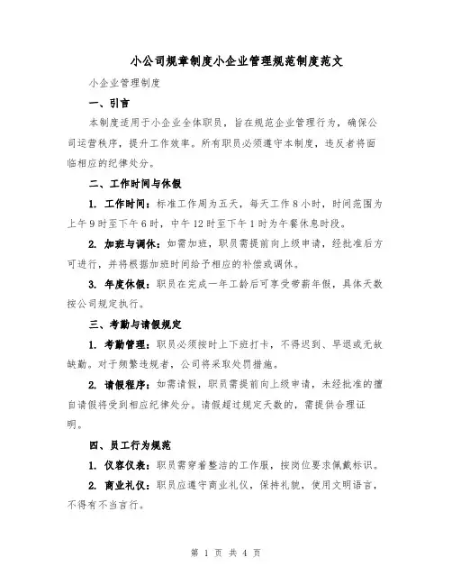 小公司规章制度小企业管理规范制度范文（二篇）
