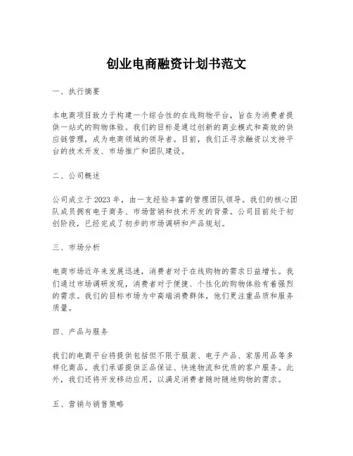 创业电商融资计划书范文