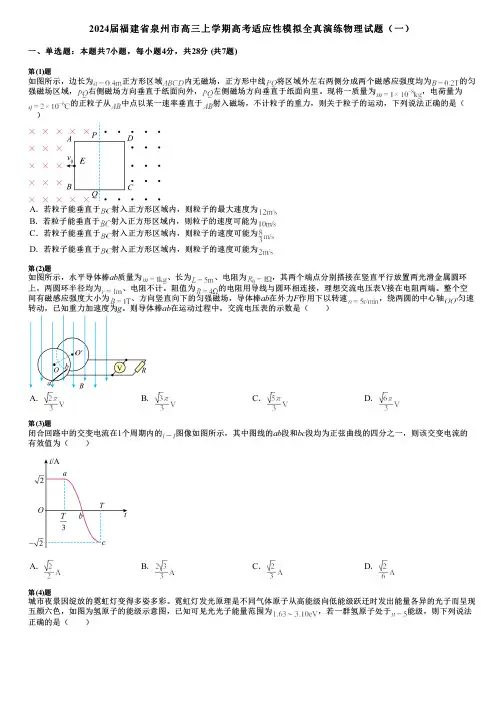 2024届福建省泉州市高三上学期高考适应性模拟全真演练物理试题(一)