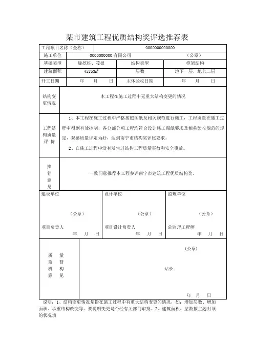 xx市建筑工程优质结构奖评选推荐表
