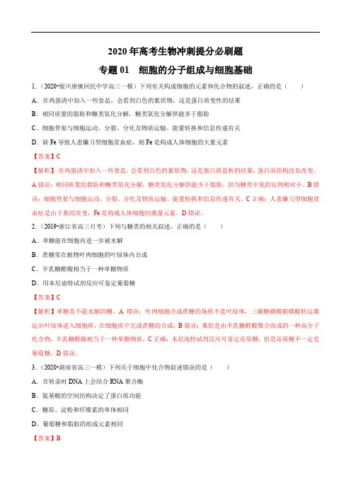 高中生物高考专题01 细胞的分子组成与细胞基础(解析版)